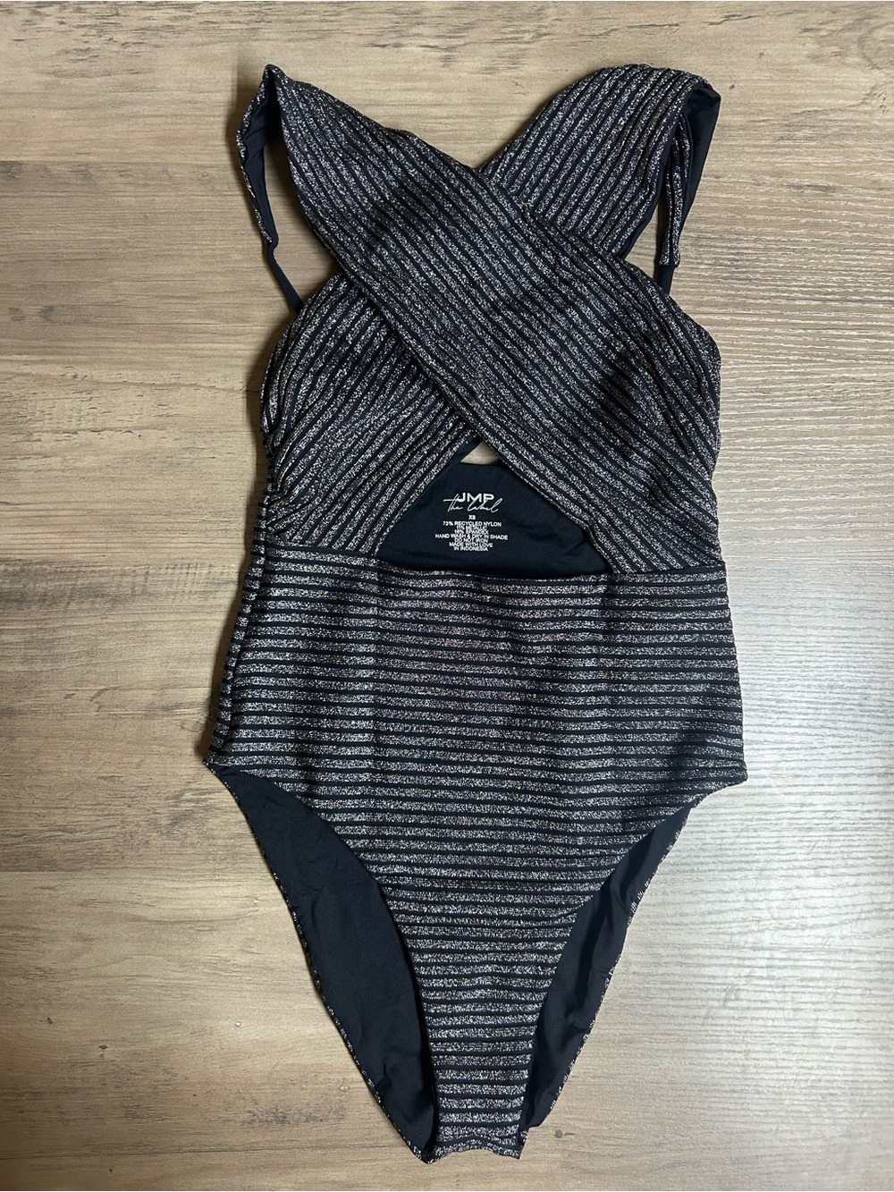JMP the Label Metallic Black & Silver Crisscross One-Piece Bodysuit